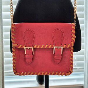 Vintage Brick Red Crossbody Purse w/ Gold Chain / Floral Liner